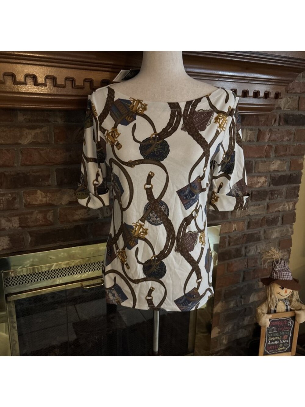 Ralph Lauren Fall Print Top Short Sleeves Size Medium NWT Equestrian